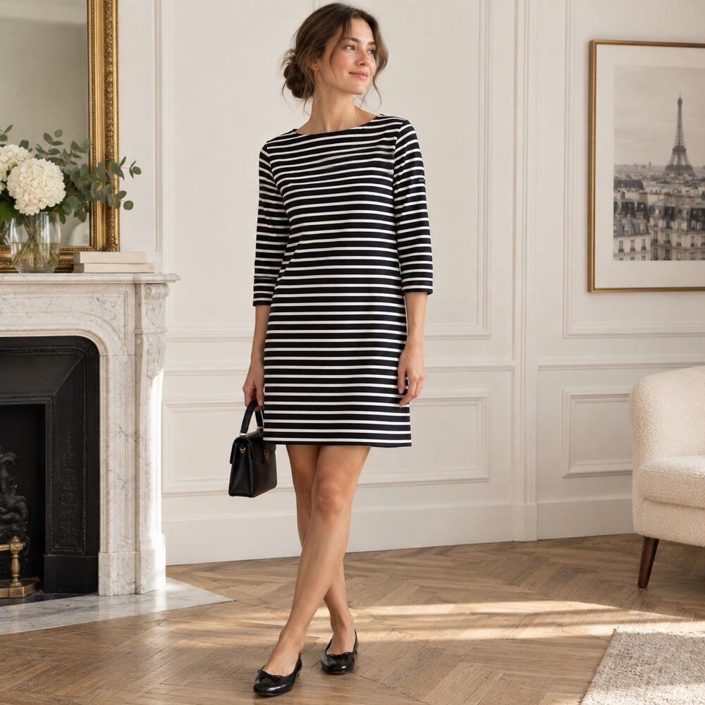 Saint James France Breton Stripe Dress Black 3/4 Sleeve Nautical Coastal French